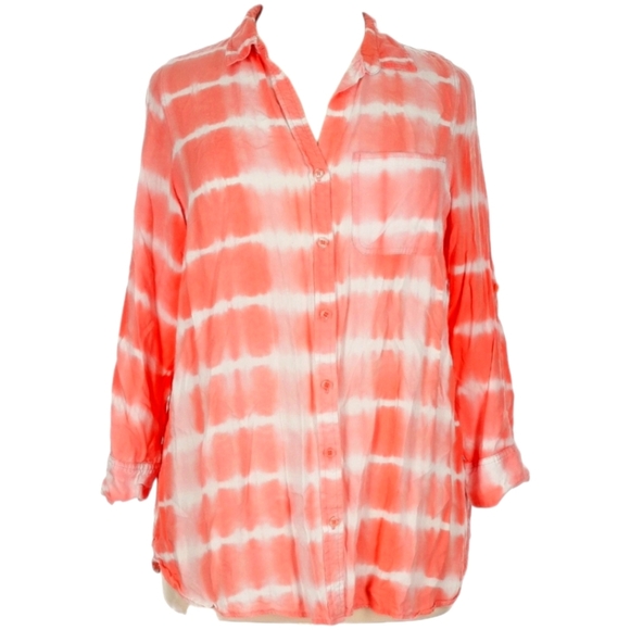 Velvet Heart Coral Pink Tie Dye 3/4 Sleeve Button Down Tunic Top Plus Sz 2X - Picture 2 of 4